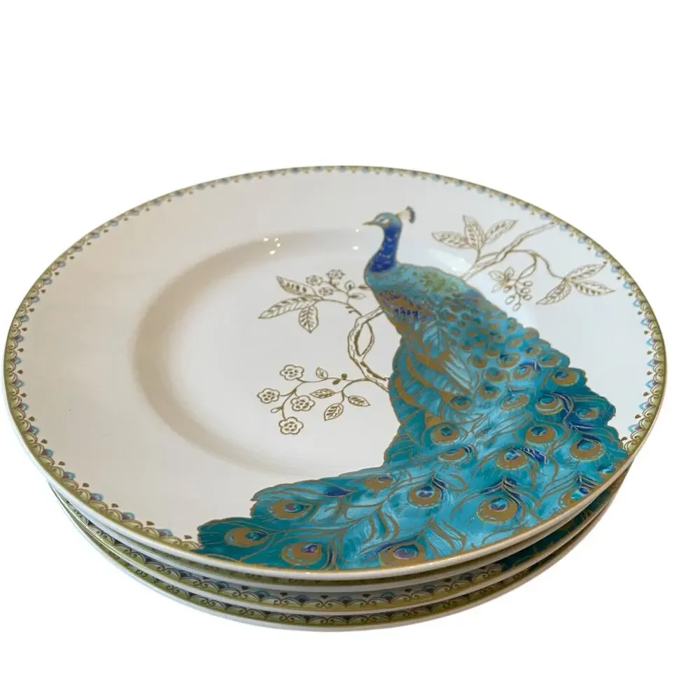 4pc 222 FIFTH Peacock Garden Porcelain Salad Plate Set Teal Gold Floral Scroll